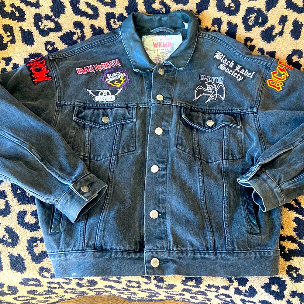 Vintage anchor blue black jean jacket with added patches